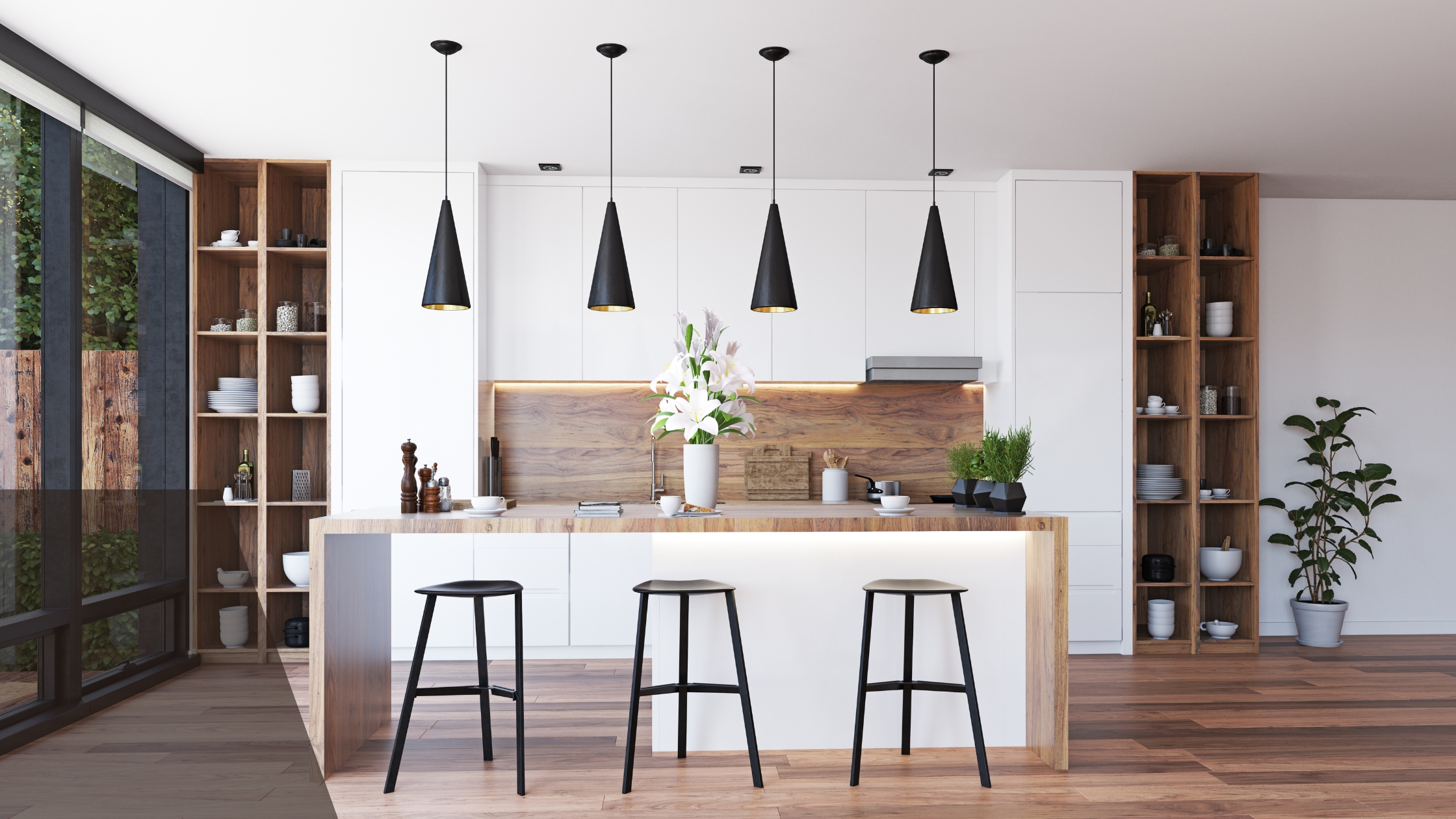Pendant-lit kitchen reset for an arriving Airbnb guest